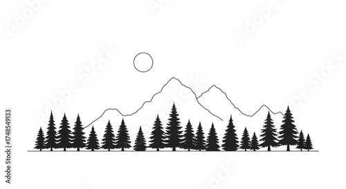 Minimalist Silhouette of Pine Forest Against Mountain Range and Sun.