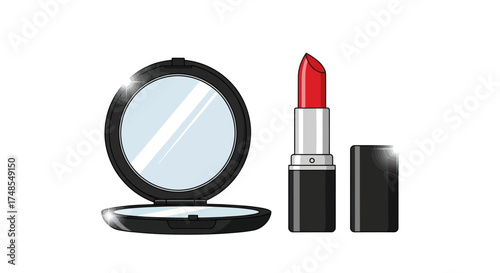 Open Compact Powder with Mirror and Vibrant Red Lipstick.