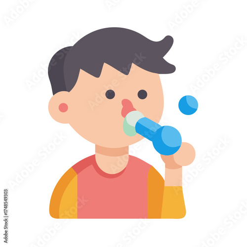 Boy using nasal spray medicine treatment flat style vector