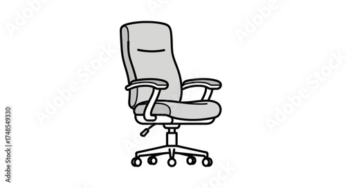 A simple hand-drawn illustration of a gray office chair with wheels and armrests.