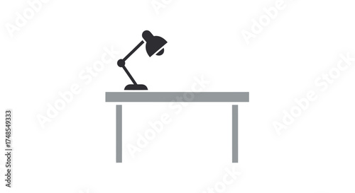 Stylized Black Desk Lamp on Gray Table Icon Illustration.