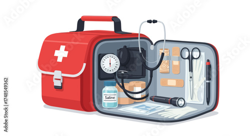 Open Red First Aid Kit Bag with Essential Medical Supplies and Tools.