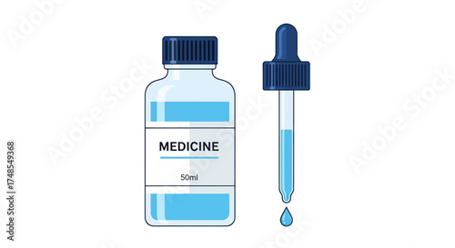 Medicine bottle with blue liquid and dropper a single drop falling.