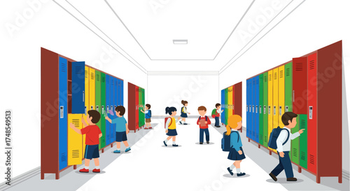 Colorful school hallway with students interacting with lockers.
