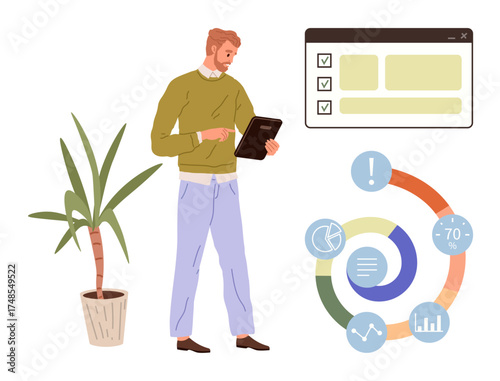 Man holding tablet beside checklist, plant, and circular infographic with analytics. Ideal for productivity, planning, data analysis, project management, business insight, digital workflows