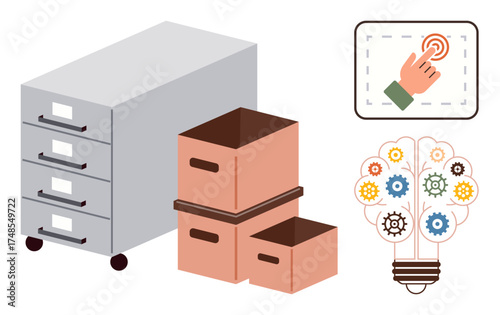Filing cabinet, stacked storage boxes, a clicking hand icon, and a light bulb with gear cogs concept diagram. Ideal for organization, workflow, automation, creativity, innovation ideas planning