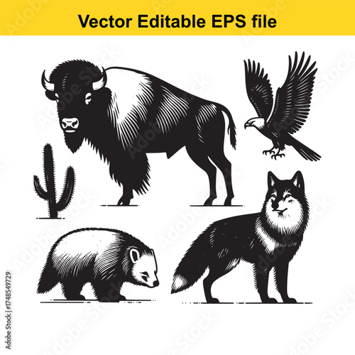 Vector art of a set of iconic american animals, including a bison, eagle, wolf, and badger, depicted in a classic black and white illustration style, isolated on a