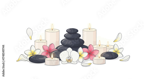 Illustrated Spa Wellness Arrangement with Black Stones Candles and Exotic Flowers.