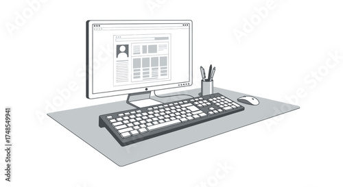 Modern computer workstation setup with monitor keyboard mouse and pen holder on a desk mat.