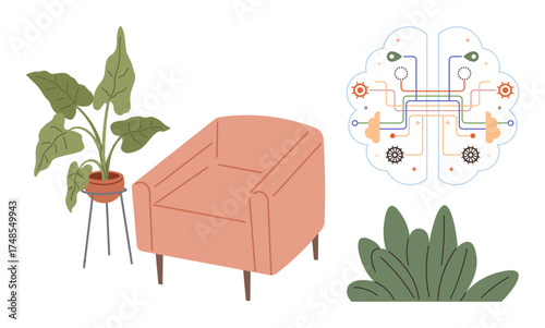 Pink armchair, potted plants, and abstract digital brain with circuits and gears. Ideal for interior decor, home relaxation, innovation, technology, nature balance creativity and futurism. Simple