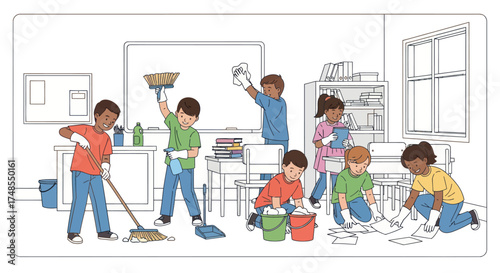 Children Cleaning Classroom: Students sweeping mopping and picking up trash in a school classroom.