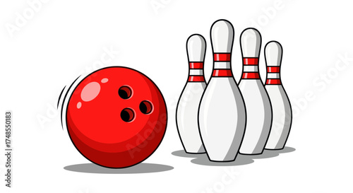 Red bowling ball rolling towards white pins on a white background.