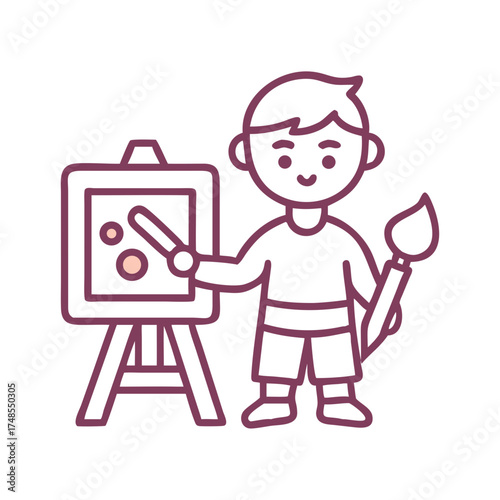 Cartoon artist boy painting on canvas, flat design illustration