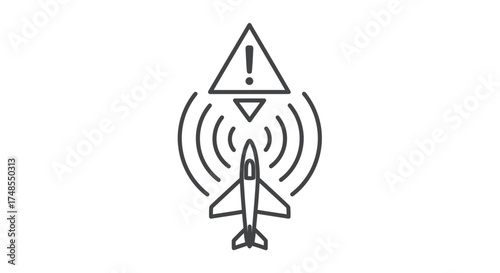 Airplane with Warning Signal and Alert Symbol Icon.