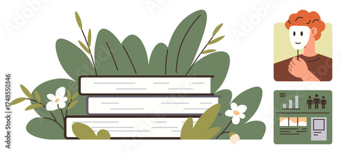 Stack of books surrounded by green leaves, floral elements, person holding mask, and data visuals. Ideal for education, self-improvement, discovery, personal identity, sustainability knowledge