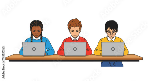 Three diverse children focused on laptops at a wooden desk.
