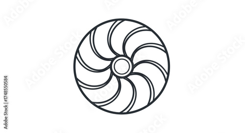 Circular fan or turbine blade icon in black and white line art.