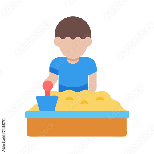 Child playing in sandbox with bucket vector illustration