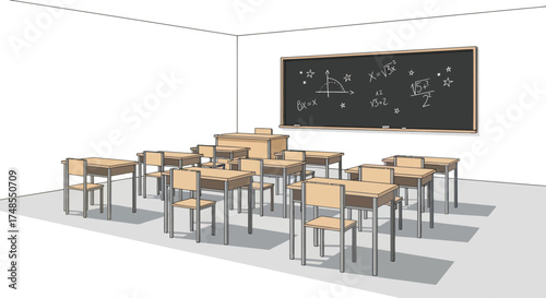 Empty Classroom with Desks and Blackboard Displaying Equations.