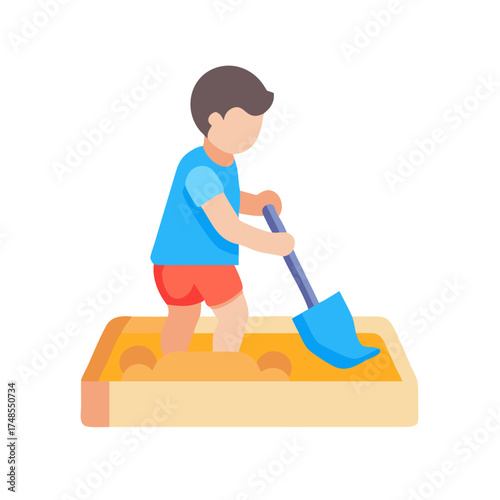 A boy digging in a sandbox with a shovel