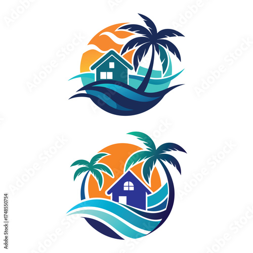 Vibrant summer vibes tropical beach scene with palm trees and ocean waves