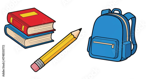 Colorful School Supplies: Stacked Books Yellow Pencil Blue Backpack.