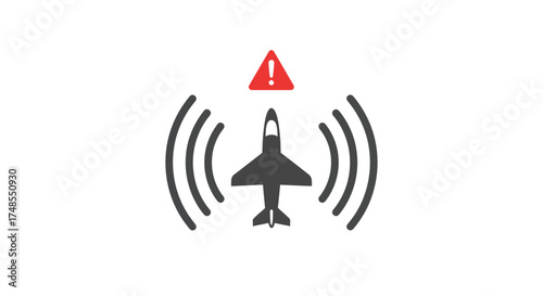 Silhouette of an airplane with warning signal and radio waves.