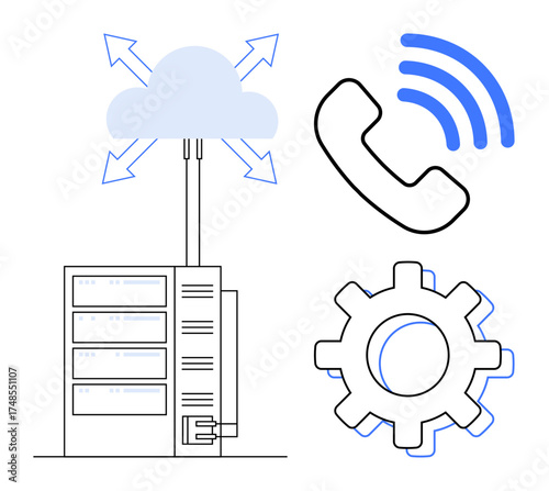 Server with connected cloud, gear symbolizing tech processes, and phone icon for communication. Ideal for data storage, cloud computing, networking, telecom, IT solutions, automation simple flat