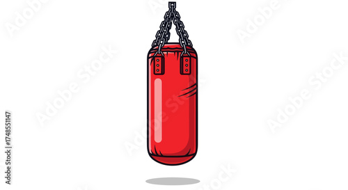Red Punching Bag Hanging from Metal Chains for Boxing Training.