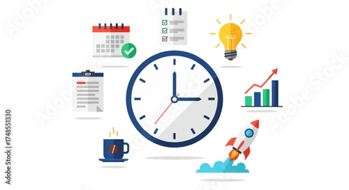 Time Management and Productivity Illustration with Clock Calendar Graph Rocket and Lightbulb.