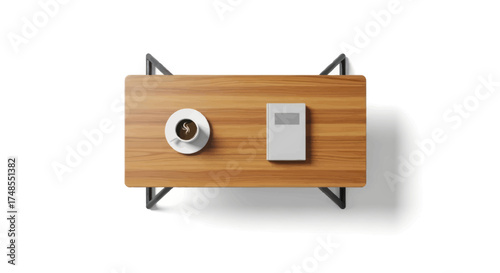 Top-down view of modern wooden coffee table with coffee cup and book.