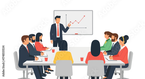 Business Meeting with Presenter Showing Growth Graph to Diverse Team.