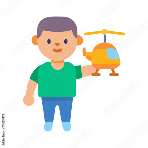 Cartoon boy holding helicopter toy against a black background