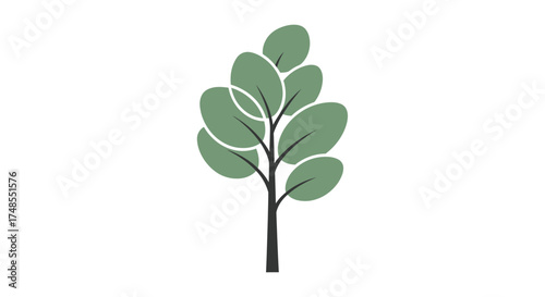 Stylized Green Tree with Oval Leaves and Dark Trunk.