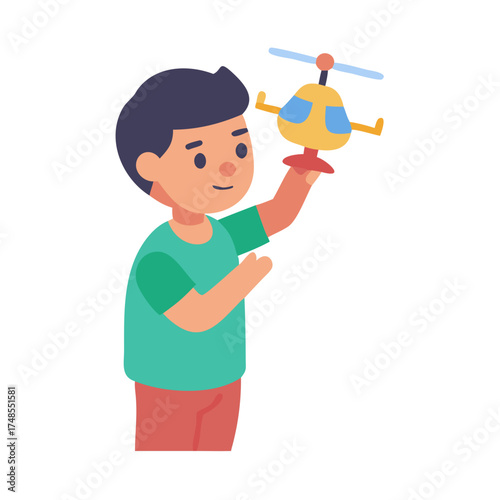 Boy with toy helicopter on isolated black background image