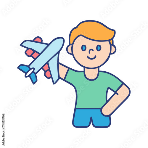 Young boy playing with toy airplane dreams of flying