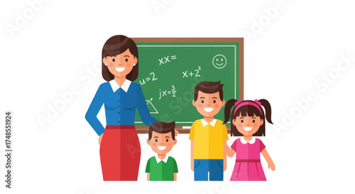 Teacher and students in front of a blackboard with math equations.