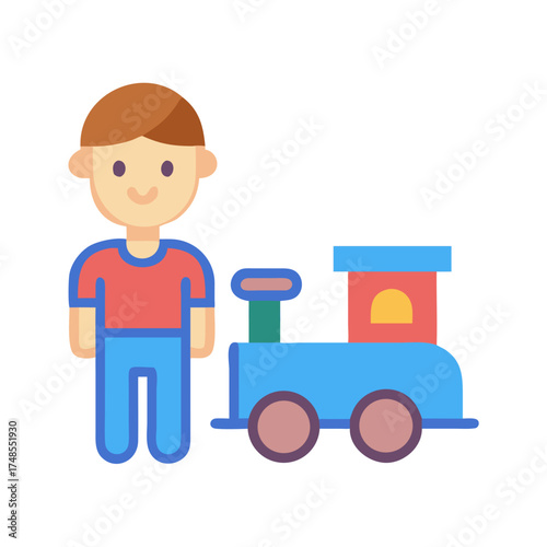 Cartoon boy standing beside a toy train on black background