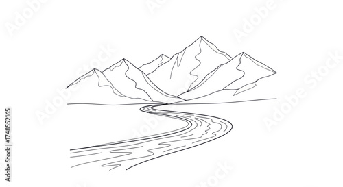 Hand-drawn sketch of majestic mountains with a winding river flowing through a valley.