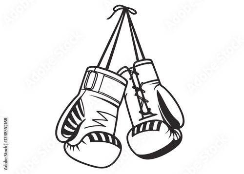 Minimalist vector of boxing gloves hanging by their laces, simple black line art on white background, clean outline, no shading
