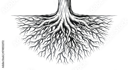 Detailed Illustration of a Tree Trunk and Root System.