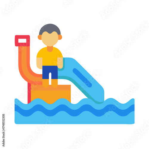 Child enjoys water slide in vibrant flat style design