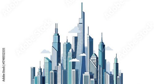 Modern Cityscape Silhouette with Blue and Gray Skyscrapers.