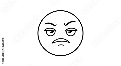 Angry Emoji with Frowning Expression and Raised Eyebrows Black and White Outline.