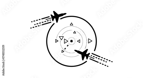 Stylized Airplanes Circling Radar Screen Icon with Target Markers.