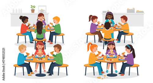Diverse group of children enjoying meals together in a bright cafeteria setting.