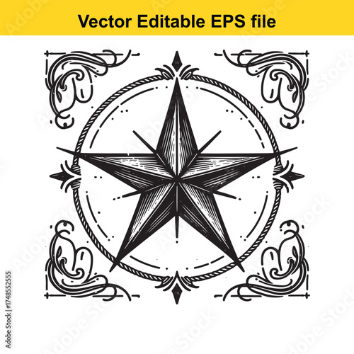 Vector art of nautical star emblem with ornate scrollwork and compass rose elements