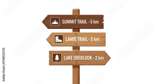 Wooden directional signpost with three trail markers indicating distances.