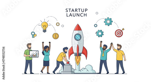 Diverse team celebrating a successful startup launch with a rocket taking off.