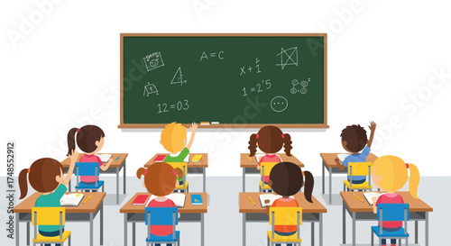 Diverse group of young students actively participating in a classroom lesson.